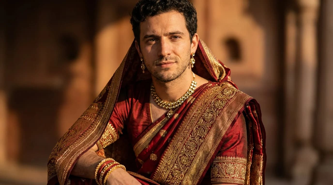 AI generated example: Transformação de Moda com IA - Reinvente seu visual com moda cinematográfica, tecidos luxuosos, bordados detalhados, acessórios elegantes e luz de golden hour.