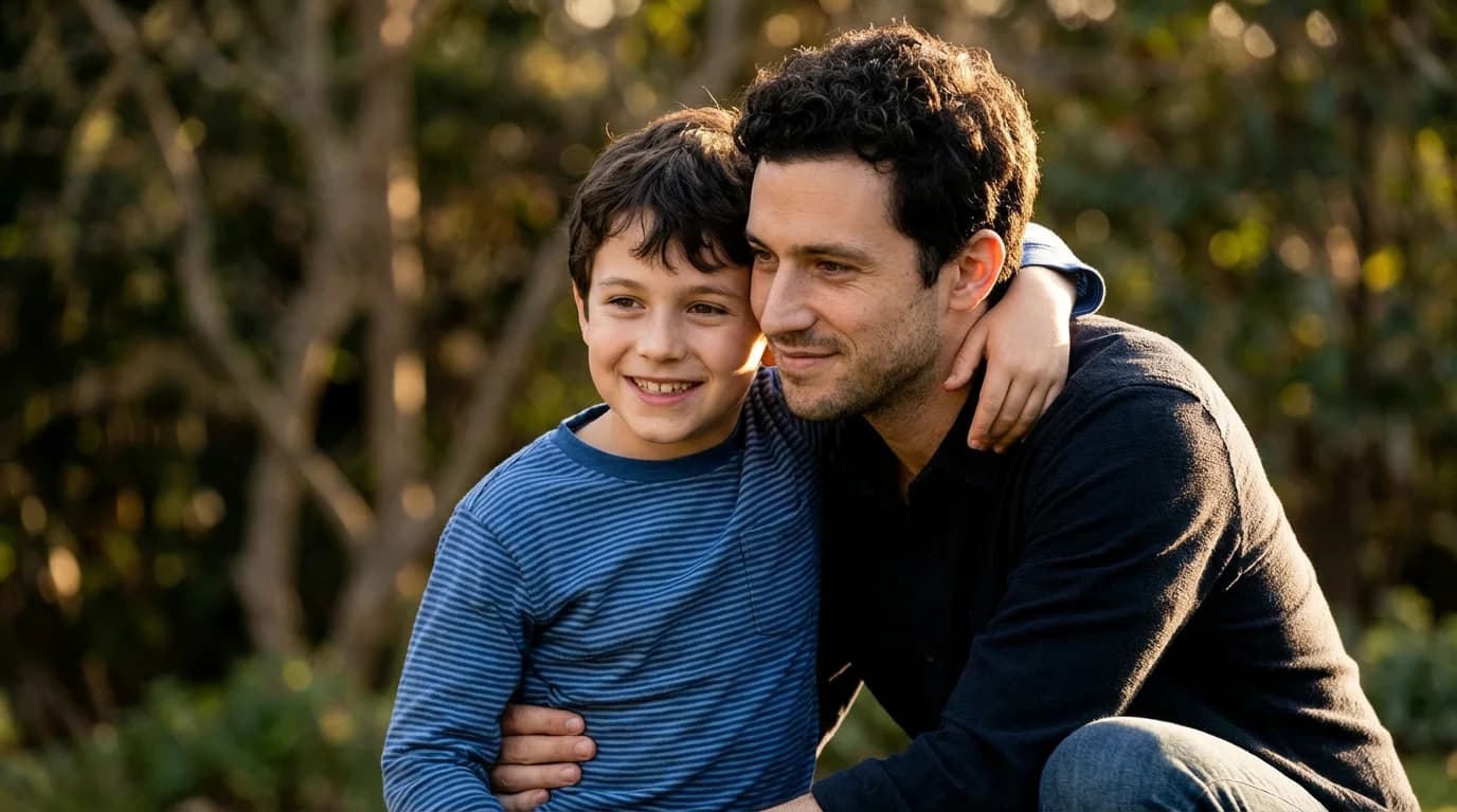 AI generated example: Encontre Seu Eu Mais Jovem - Una fotos da infância e da vida adulta em cenas emocionantes e nostálgicas, com composição equilibrada e iluminação natural.