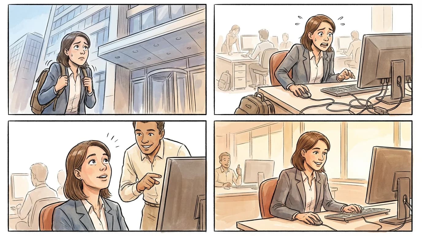 AI generated example: Storyboard / Quadrinhos - Gere storyboards sequenciais de 4 quadros com narrativa visual consistente, mantendo personagens, cores e enquadramento.