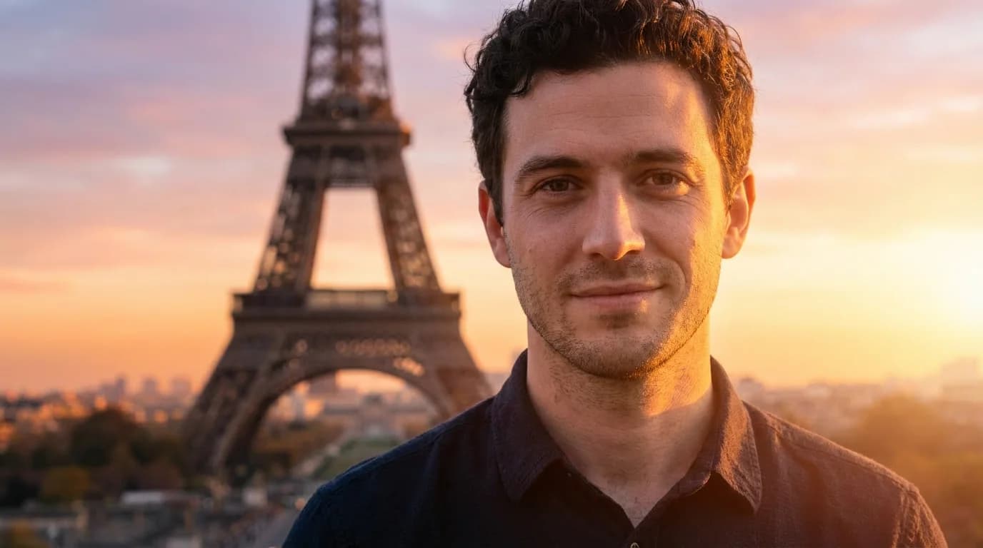 AI generated example: Cartão-Postal de Viagem - Coloque-se naturalmente em frente a pontos turísticos icônicos, como a Torre Eiffel, com sombras realistas e luz dourada de fim de tarde.