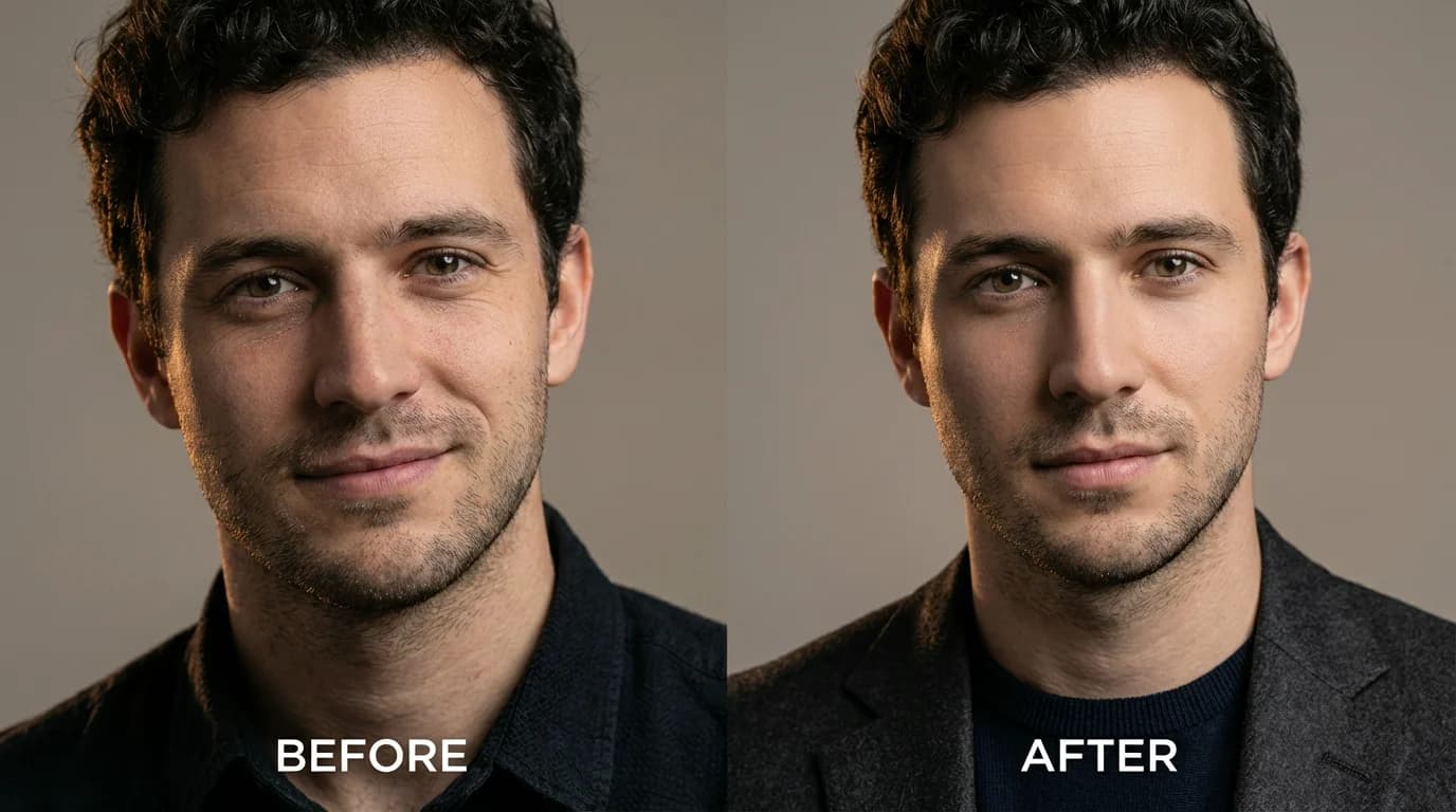 AI generated example: Glow Up Viral Antes e Depois - Crie transformações antes/depois com estética editorial, pele refinada, styling moderno e iluminação pensada para redes sociais.