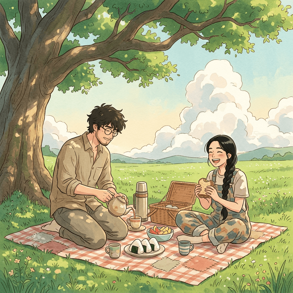 ghibli-style-ai-prompts-photo-to-anime-2026-couple-picnic-under-camphor-tree.png