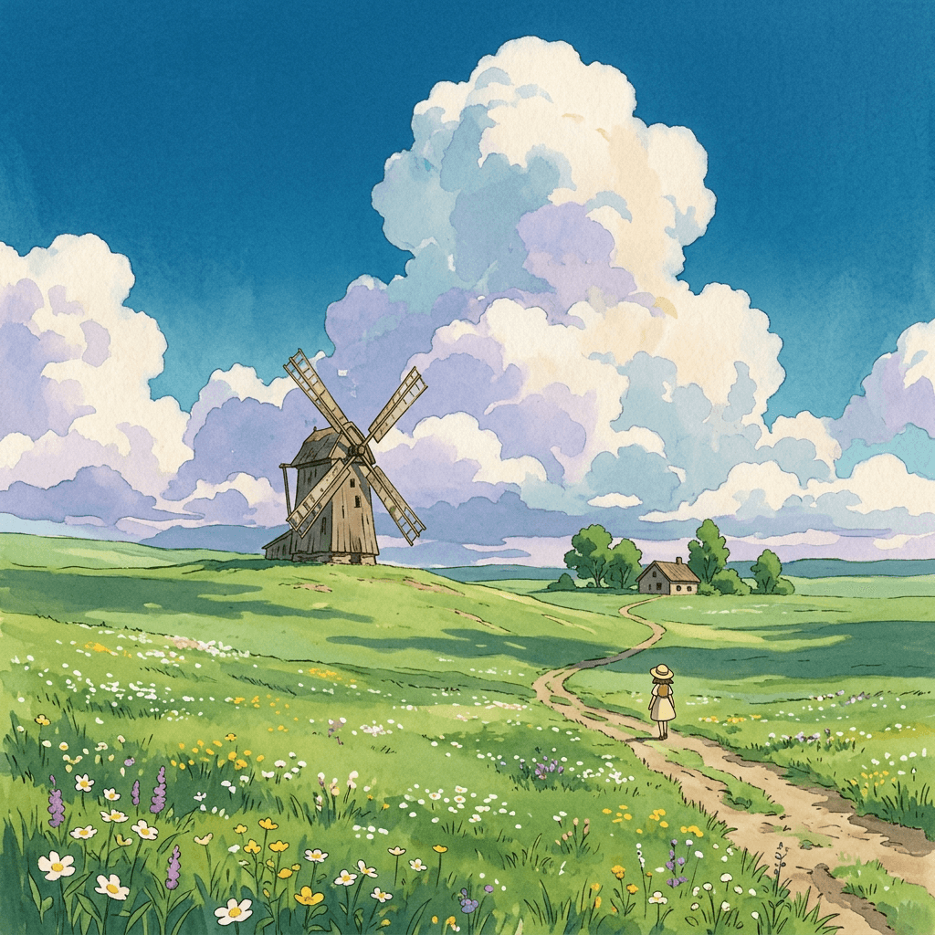 ghibli-style-ai-prompts-photo-to-anime-2026-cumulus-meadow-windmill-and-straw-hat-girl.png