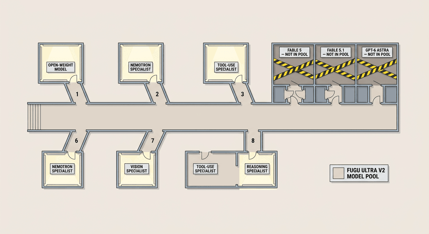 sakana-fugu-ultra-v2-multi-agent-orchestration-explained-2026-pool-gates-closed.png